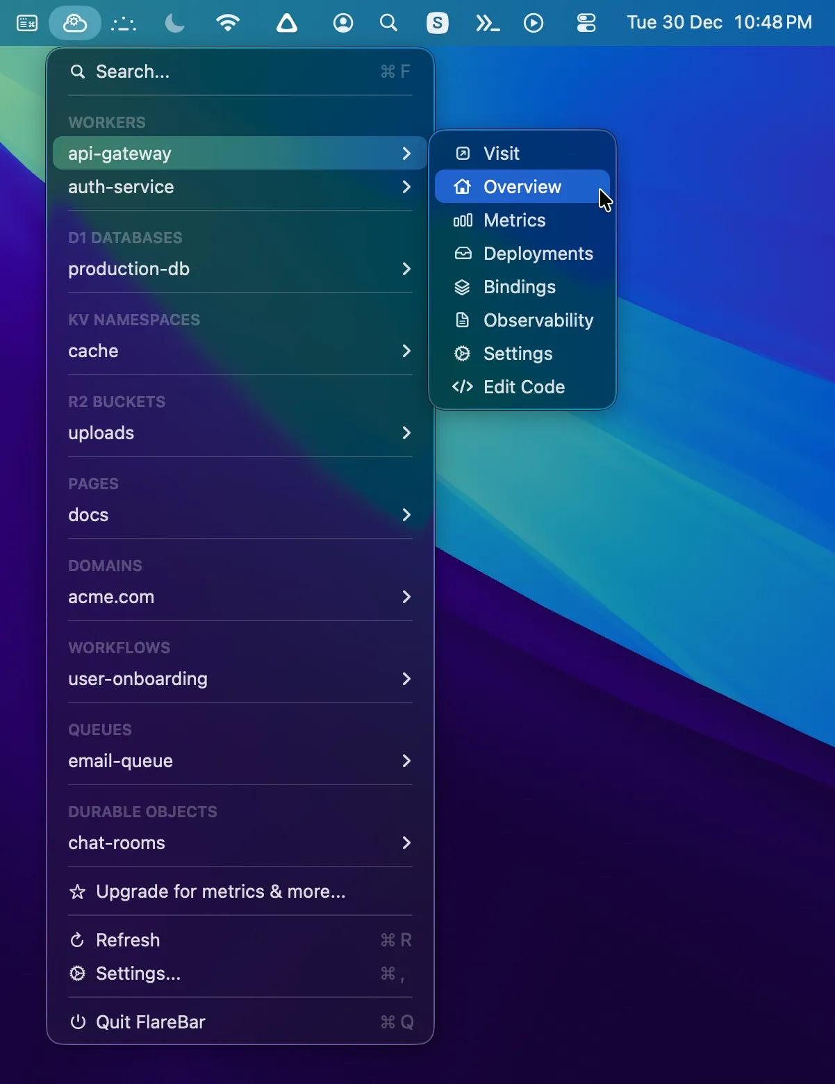 FlareBar menu showing all Cloudflare resources