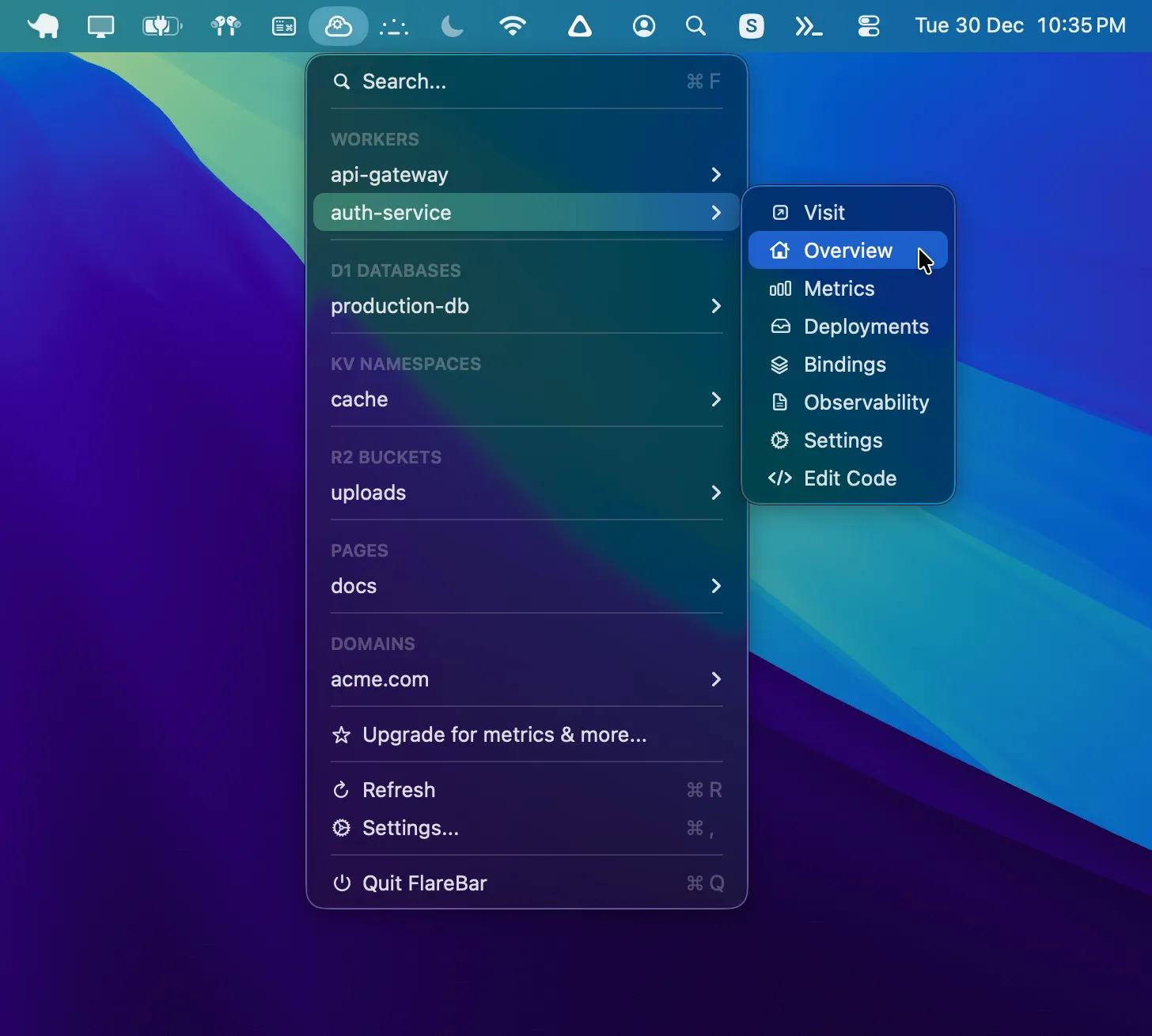 FlareBar menu showing Cloudflare resources with worker submenu