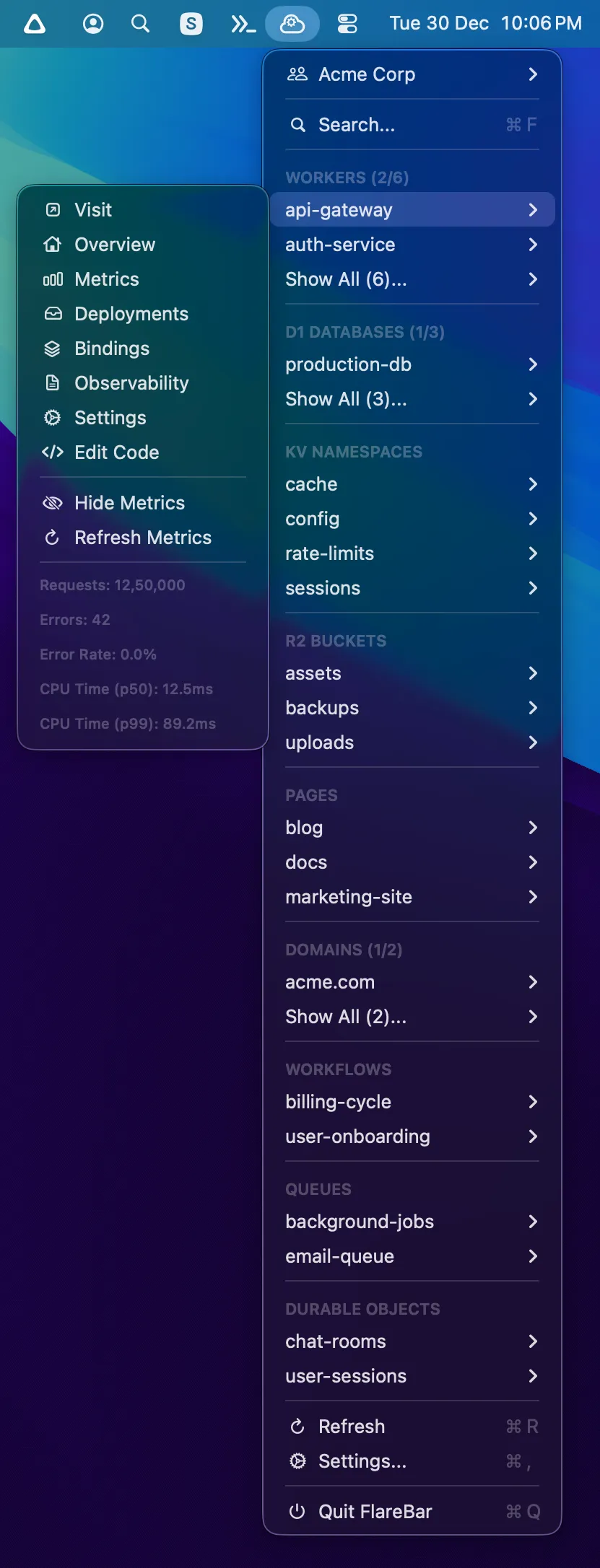 FlareBar showing worker metrics