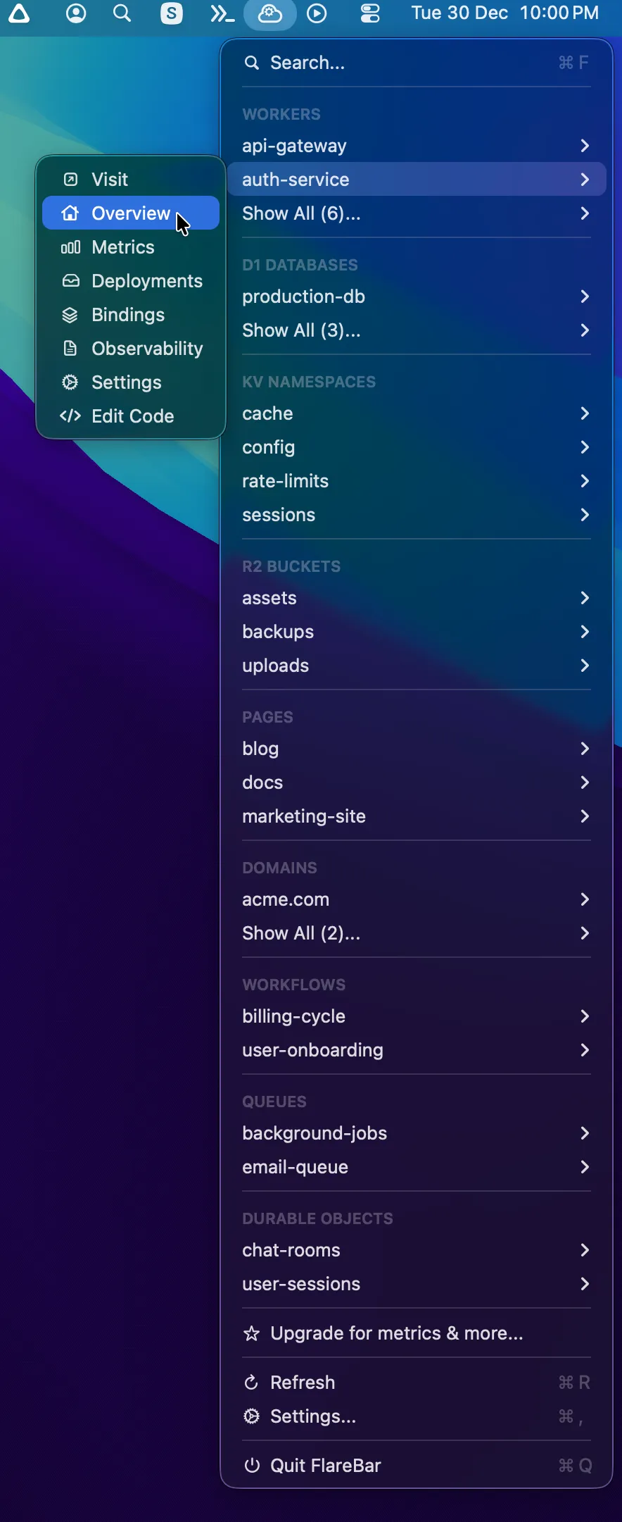 FlareBar worker submenu